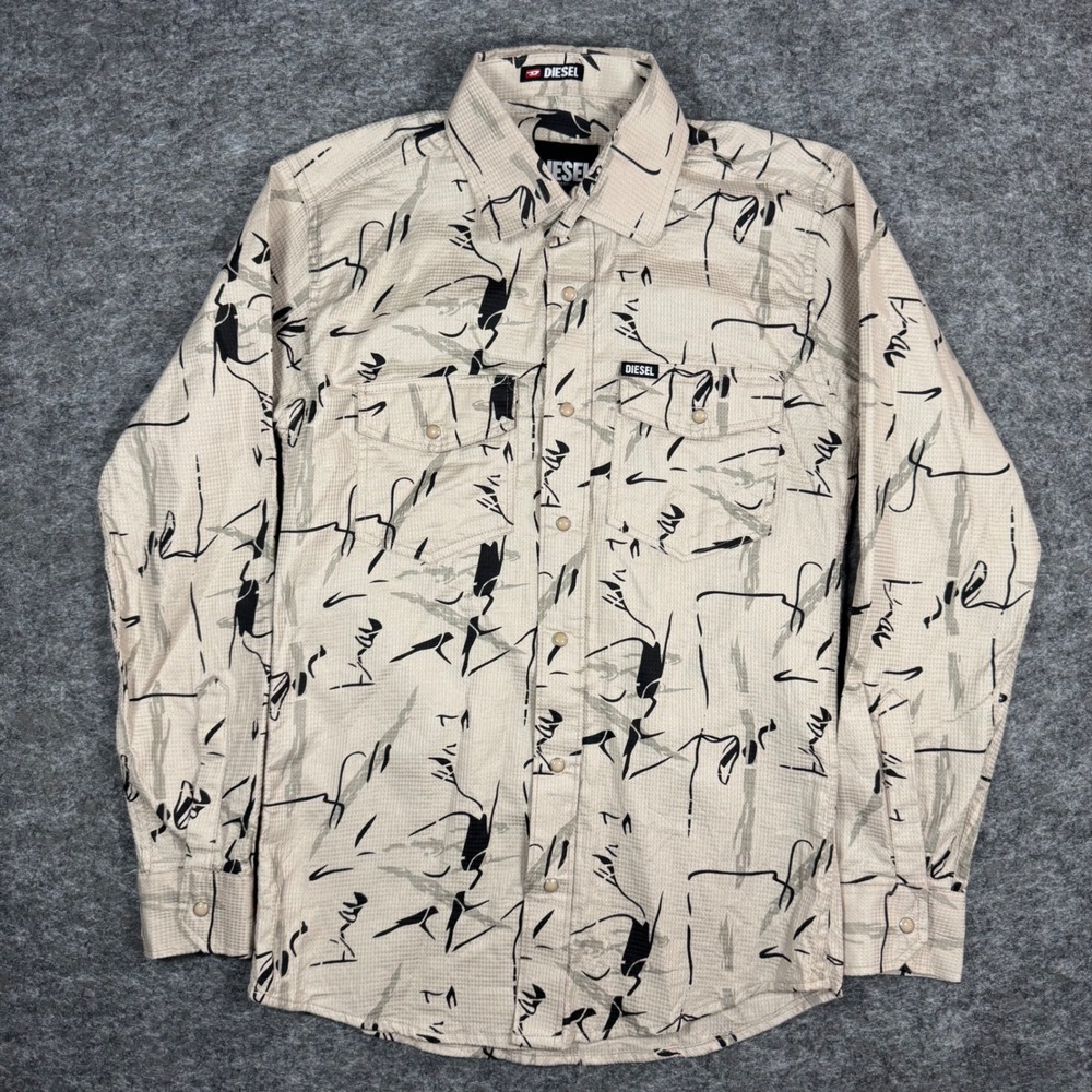 Diesel Waffle Knit Abstract Graphic Snap Button Down Shirt Mens M Beige